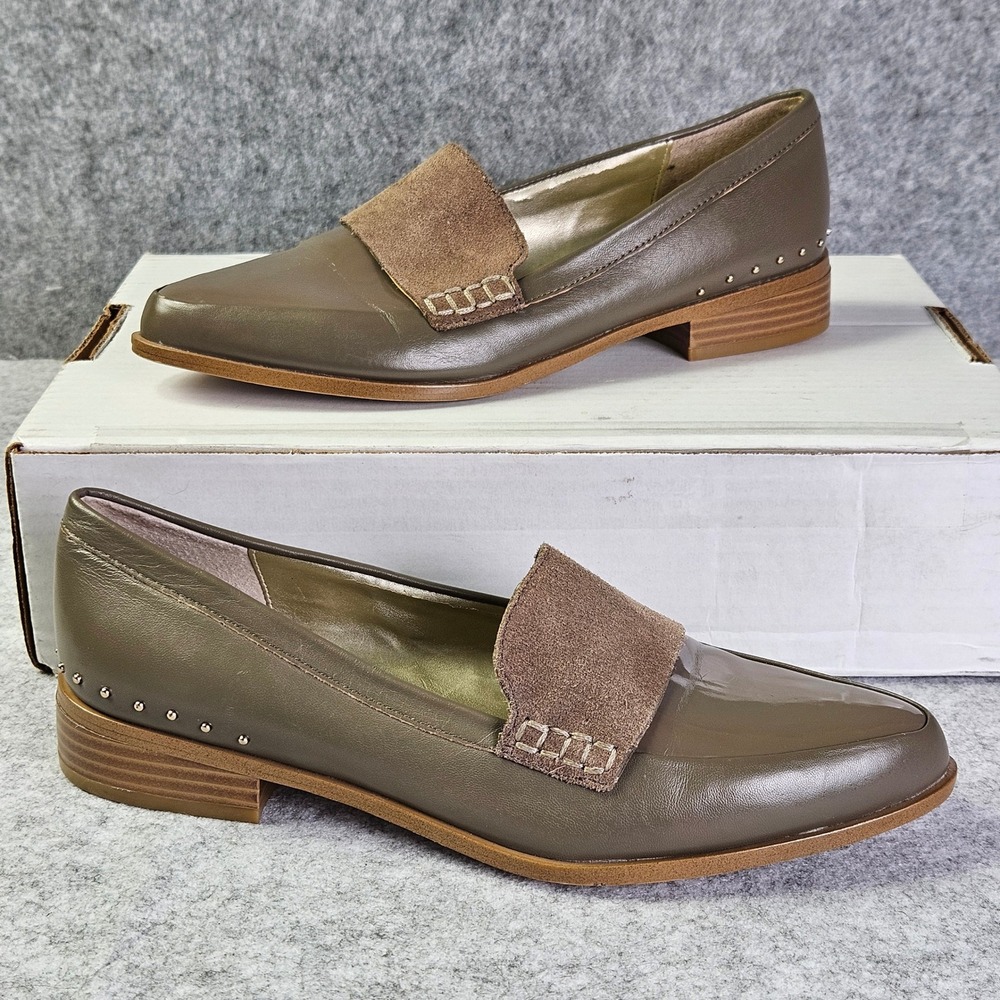 Saks Fifth Avenue Lorenna 2 Fatigue Green Studded Leather Suede Loafers 7.5M